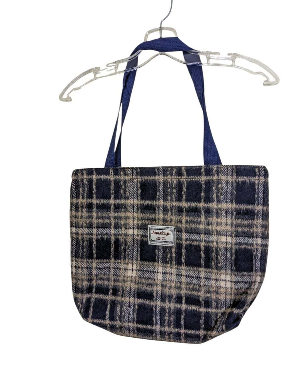 Tote Bag Navy Blue Cream Plaid Flannel Zippered Autumn Fall Dark Academia Preppy